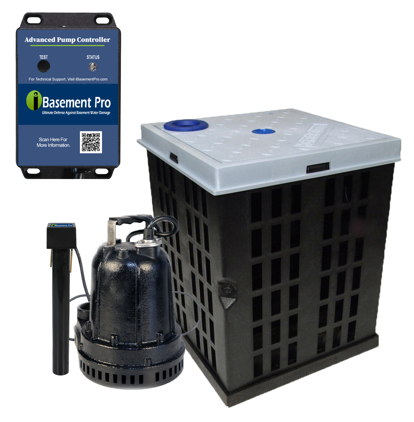 A pump system featuring a large black and gray sump basin, an advanced pump controller, and a robust submersible pump, conveys reliability and durability.